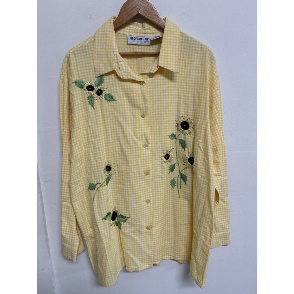 Vtg Bedford Fair Sunflower Embroidered Vintage 90s 1X Sunny Yellow Gingham Shirt